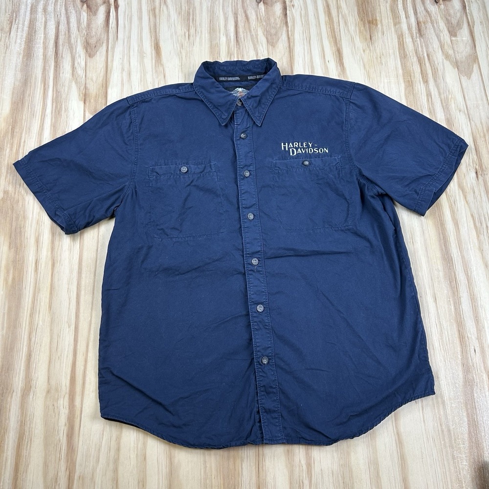 Harley-Davidson Men's Navy Blue Embroidered Button Shirt Short Sleeve Large